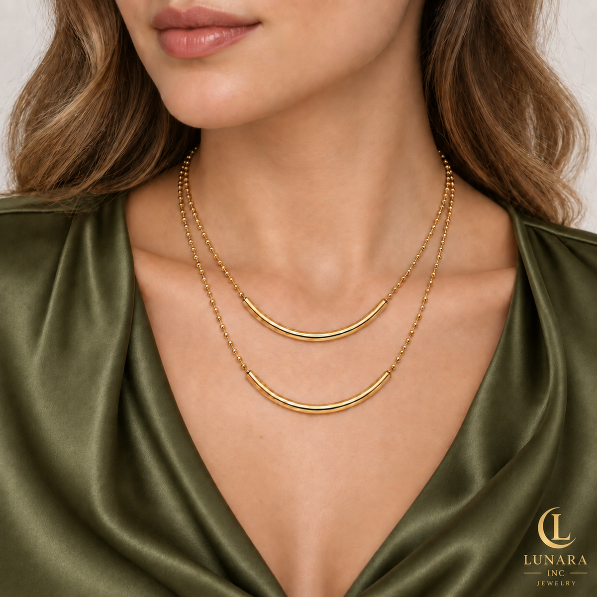 Gold-Tone Double-Layer Curved Bar Necklace