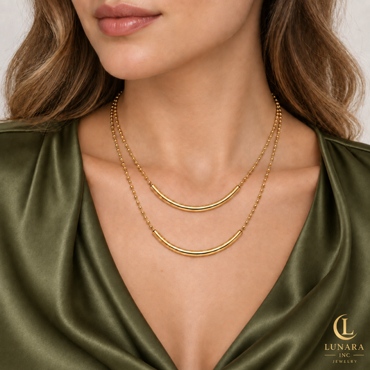 Gold-Tone Double-Layer Curved Bar Necklace