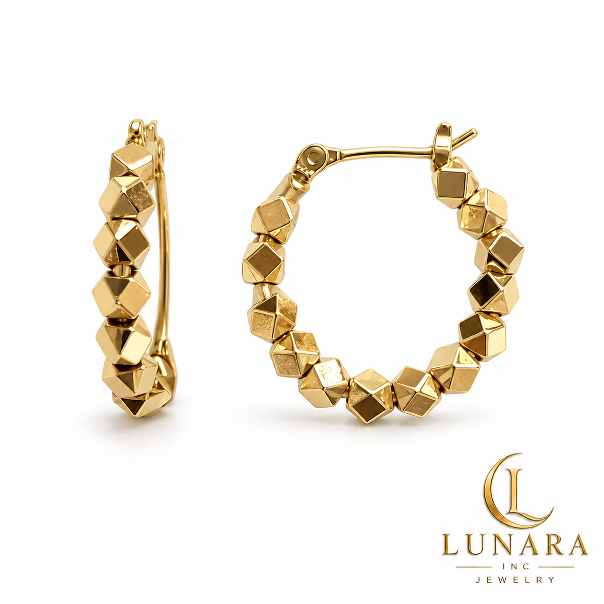 Faceted Gold Bead Hoop Earrings
