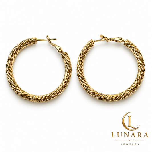 Twisted Texture Hoop Earrings – 14K Gold Tone