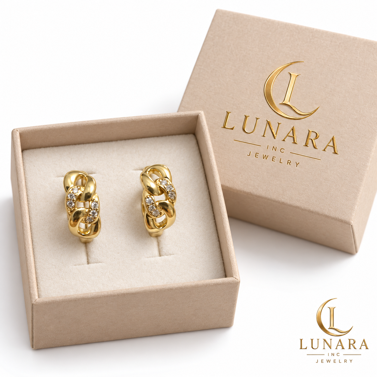 Gold Interlocking Link Huggie Hoop Earrings