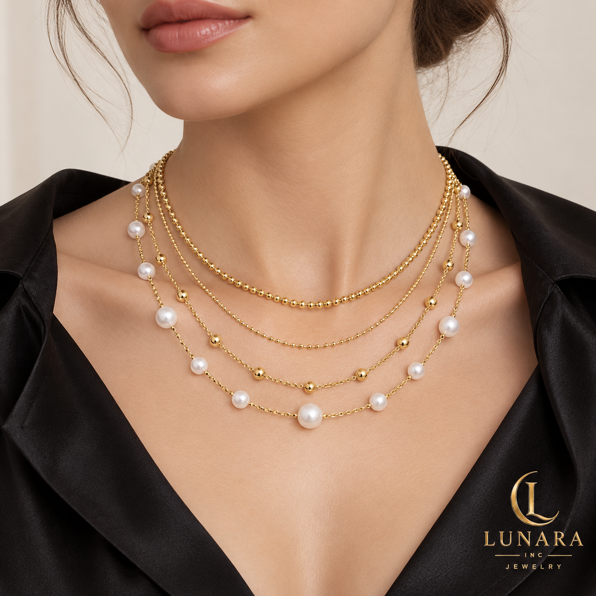 Golden Harmony Four-Layer Pearl Necklace