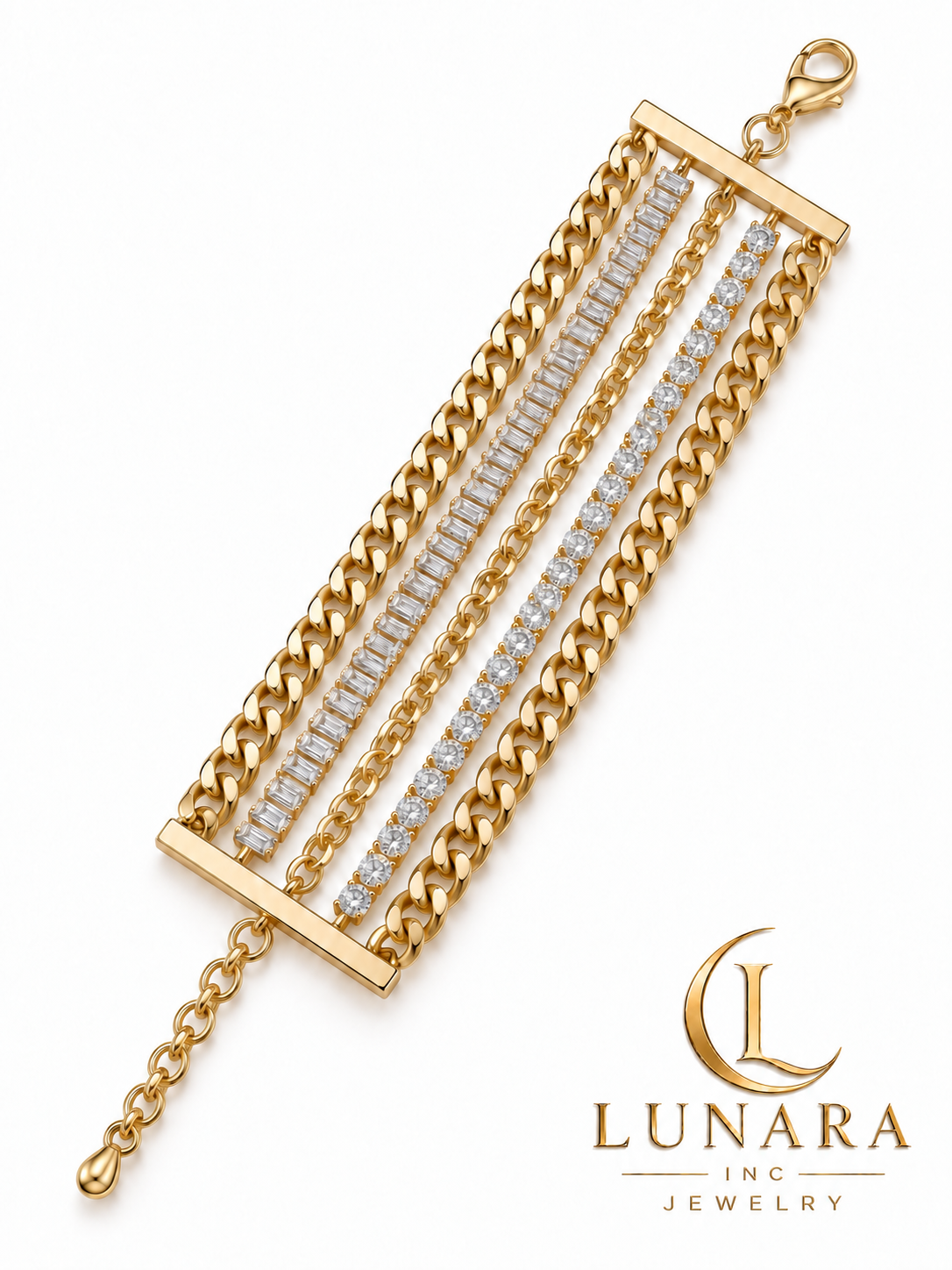 Five-Strand Gold Chain and Crystal Bracelet