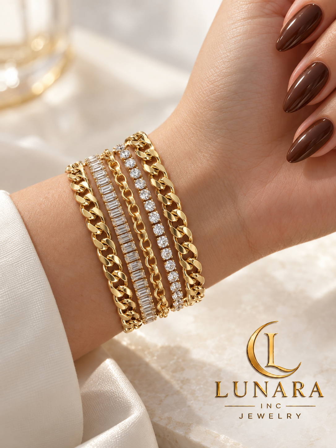 Five-Strand Gold Chain and Crystal Bracelet