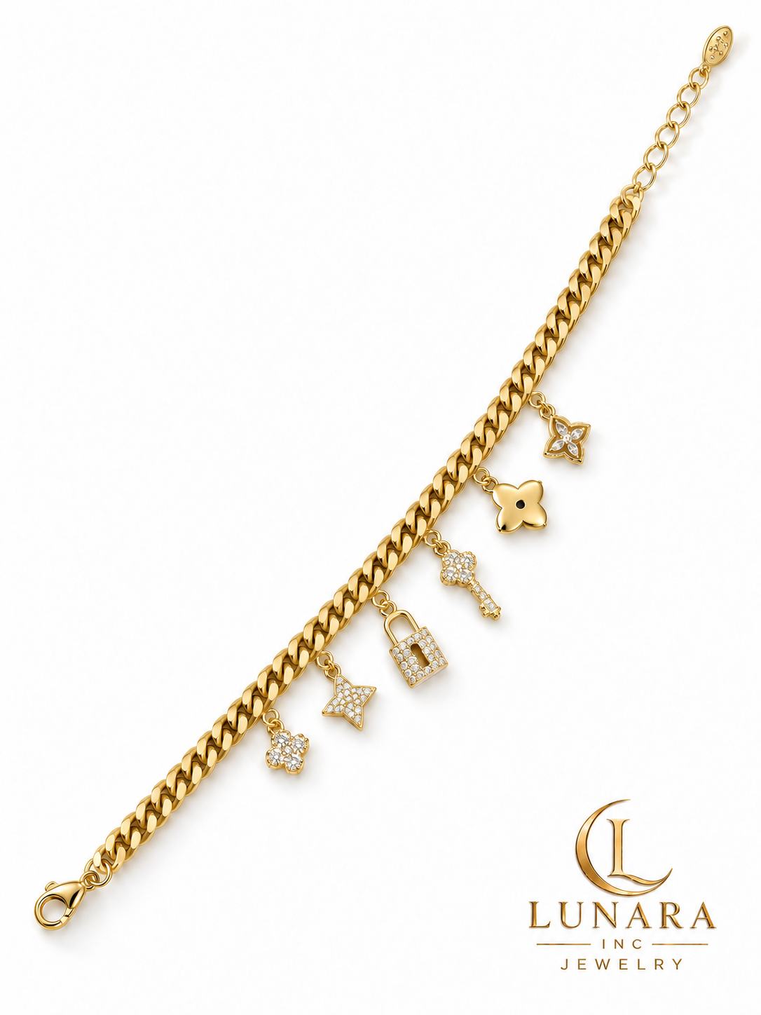 Gold Cuban Link Bracelet with Six Charms