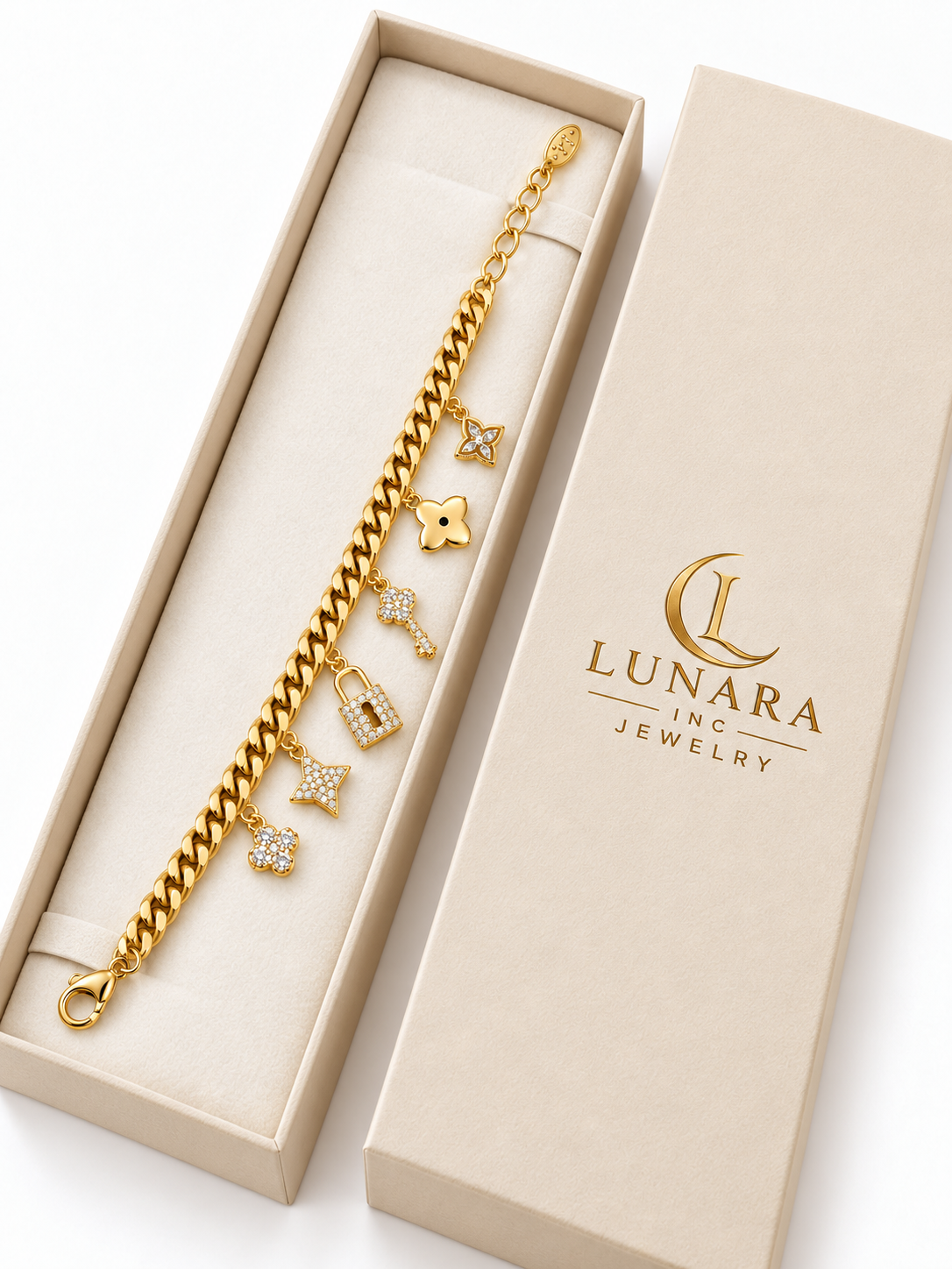 Gold Cuban Link Bracelet with Six Charms