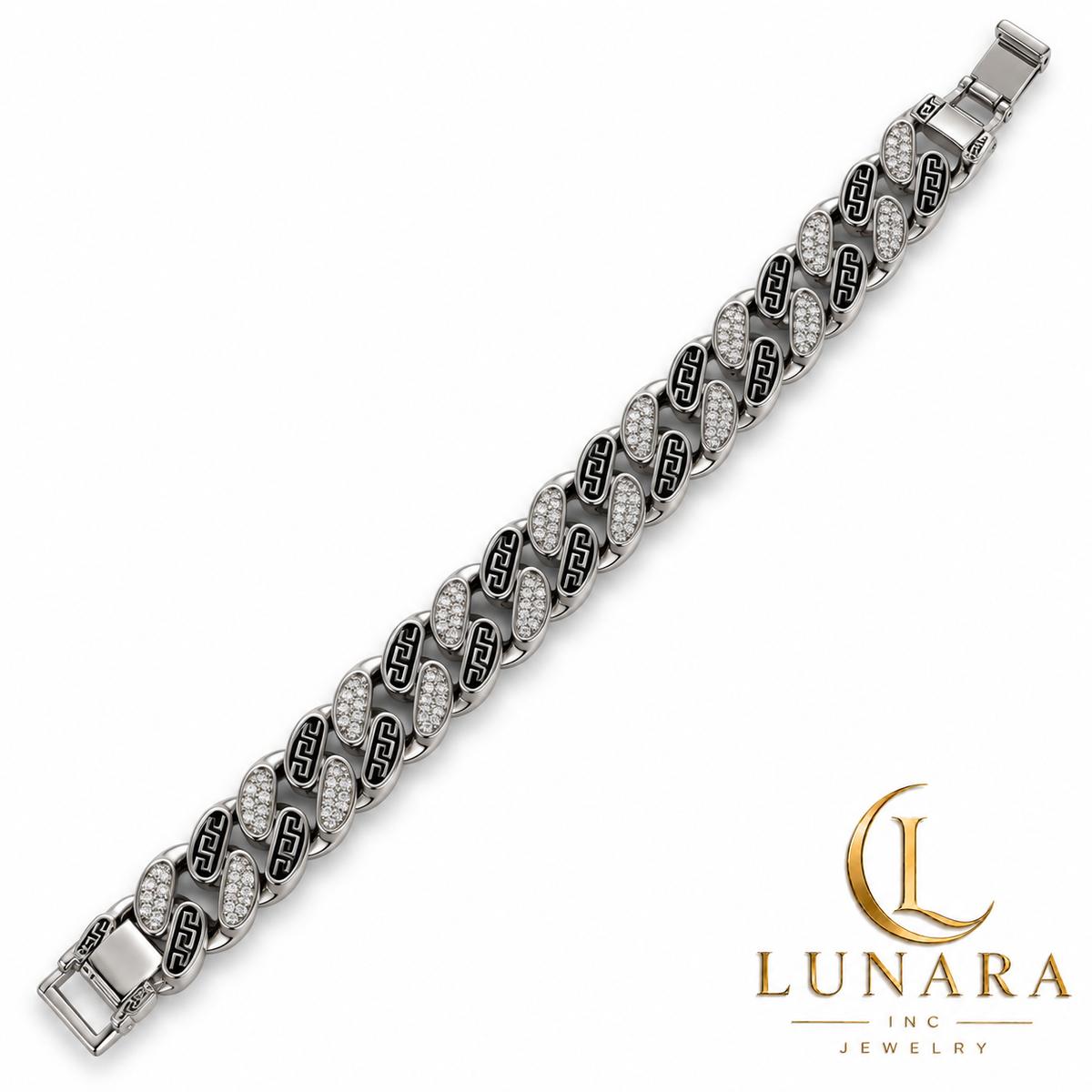 Silver Greek Key & Pavé Oval Bracelet