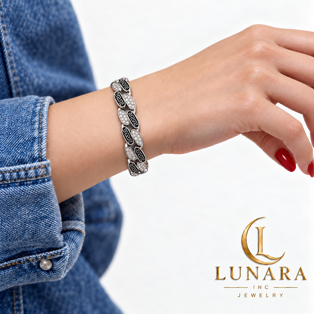 Silver Greek Key & Pavé Oval Bracelet