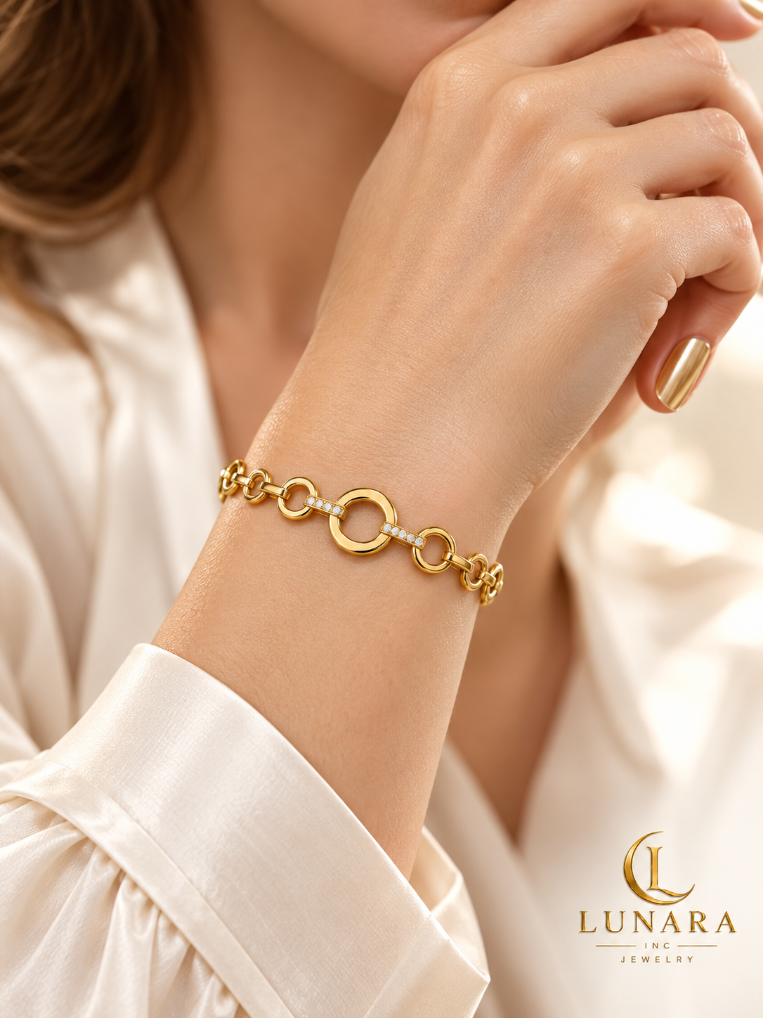 Gold Circle Link Bracelet with Crystal Accents