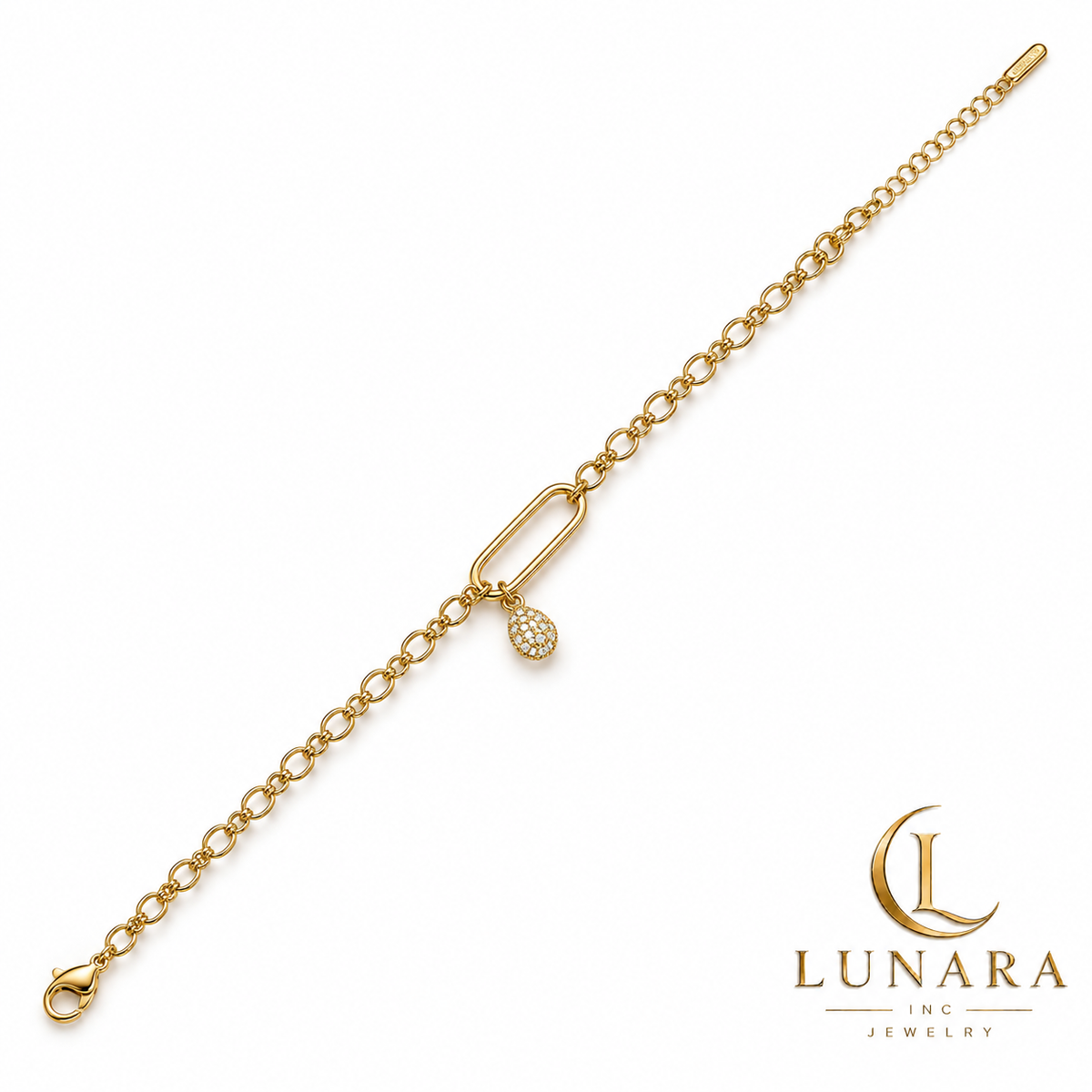 Gold Link Bracelet with Pavé Charm