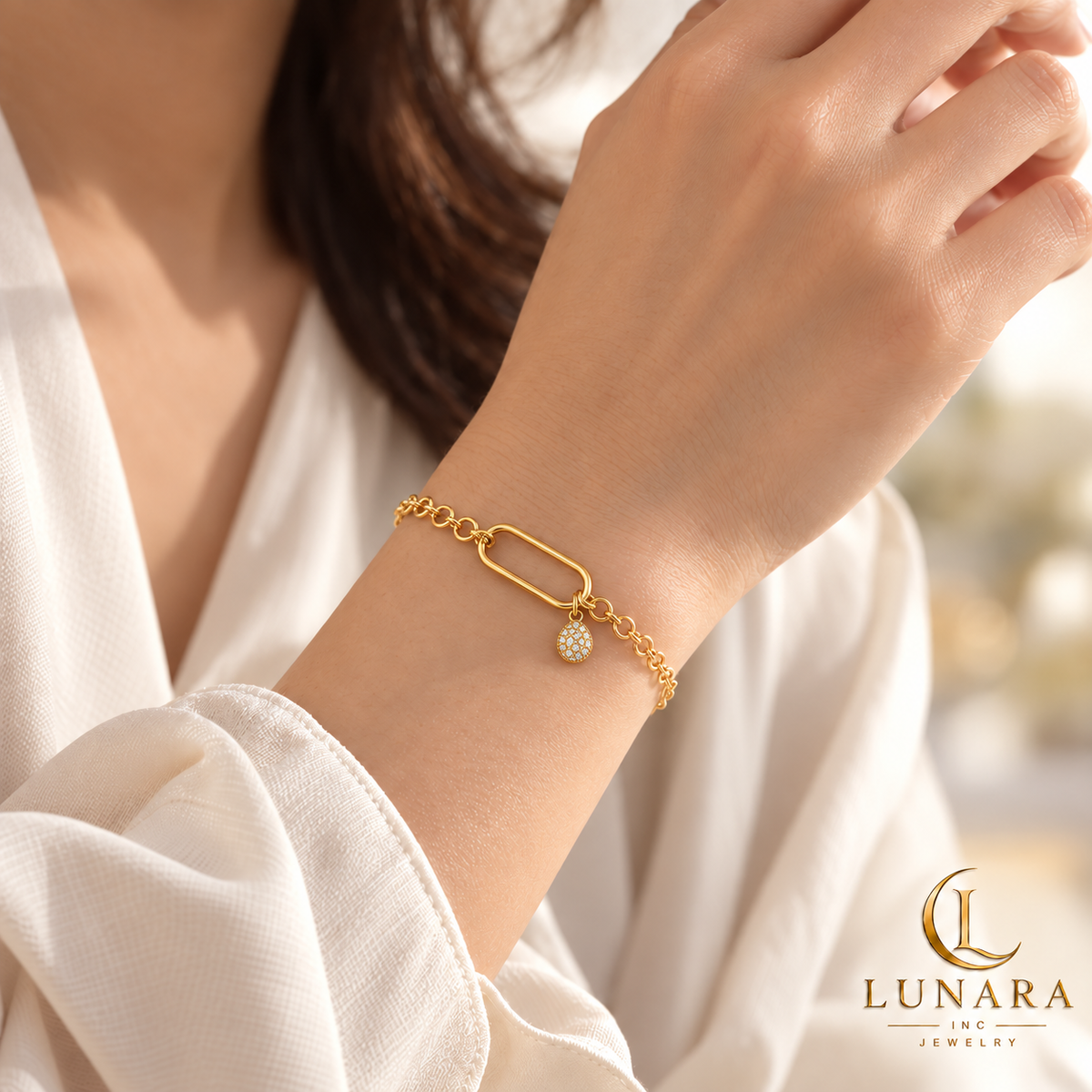 Gold Link Bracelet with Pavé Charm