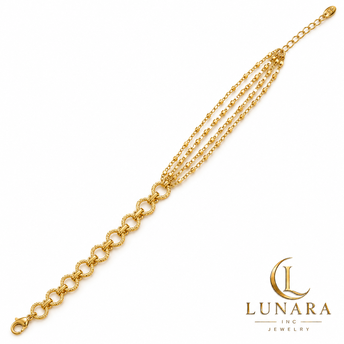 Textured Circle and Multi-Chain Gold Bracelet