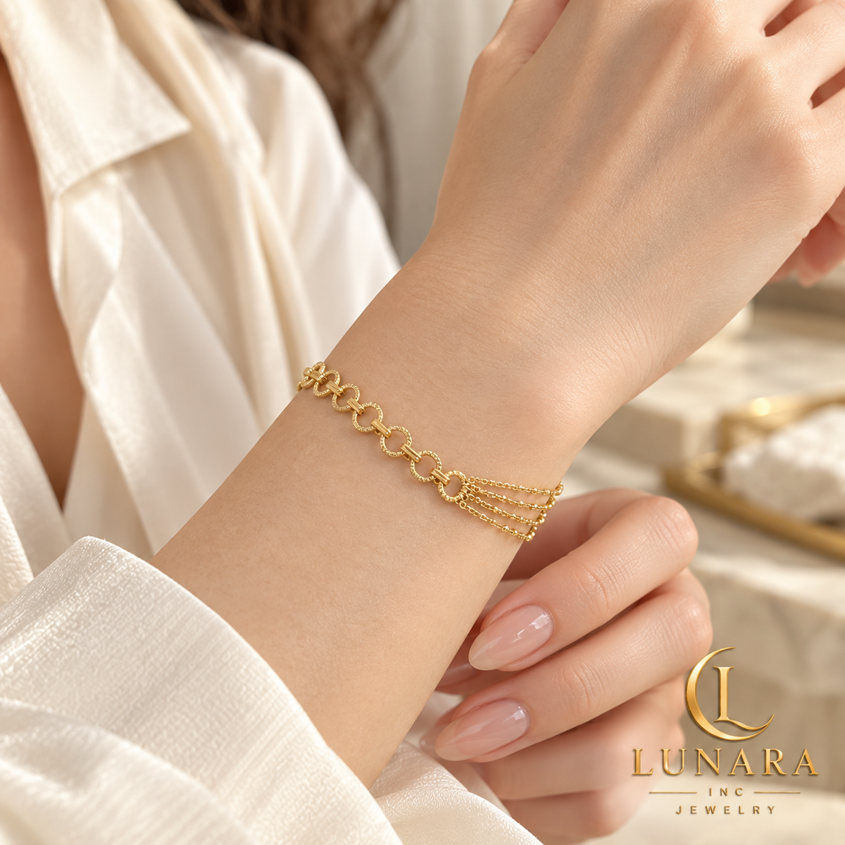 Textured Circle and Multi-Chain Gold Bracelet