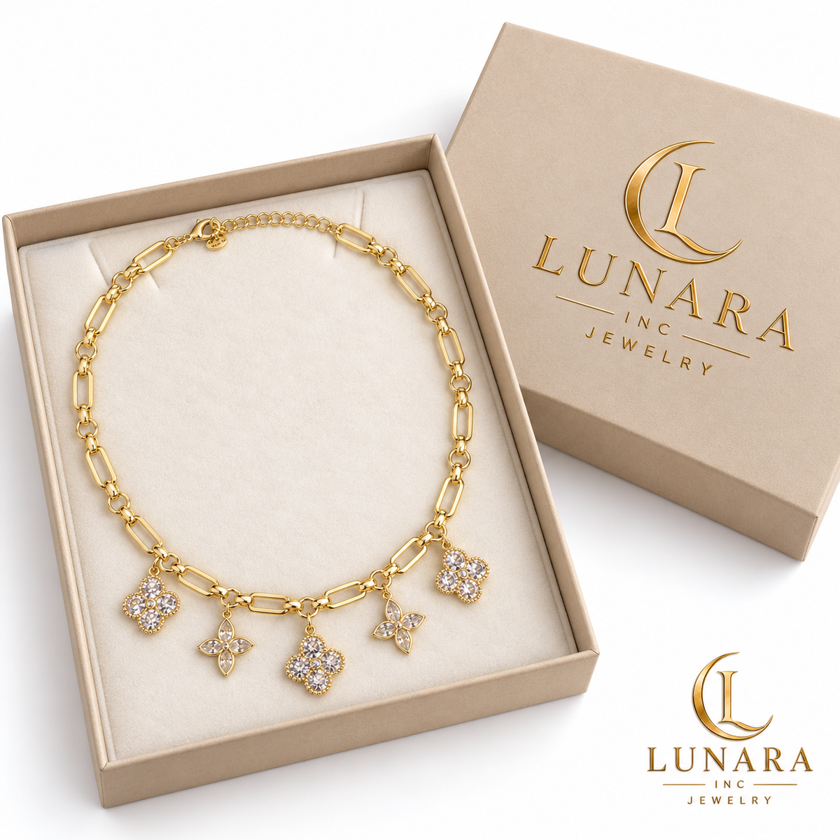 Gold Tone Five Flower Charm Necklace