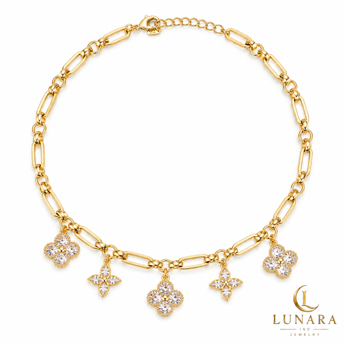 Gold Tone Five Flower Charm Necklace