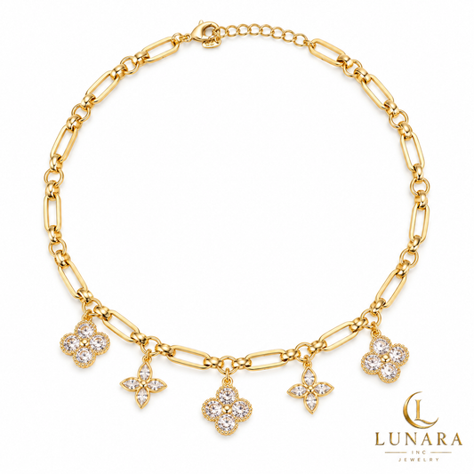Gold Tone Five Flower Charm Necklace