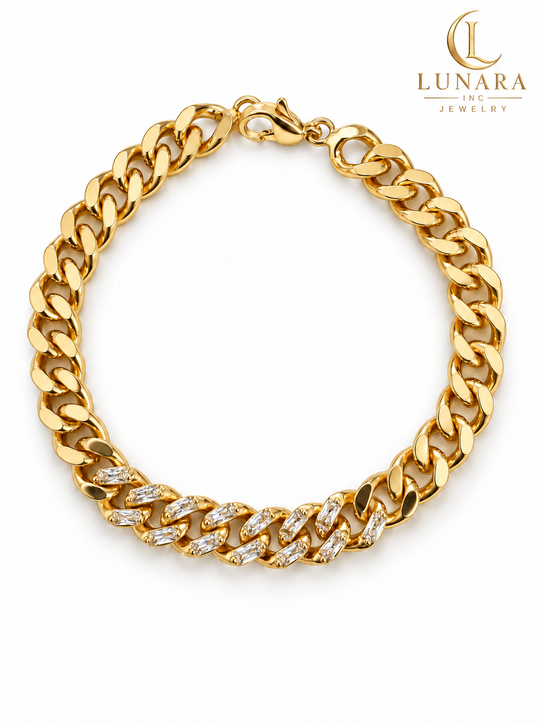 Gold Cuban Link Bracelet with Crystal Accents