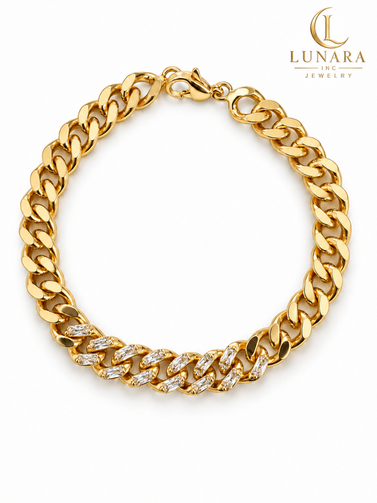 Gold Cuban Link Bracelet with Crystal Accents