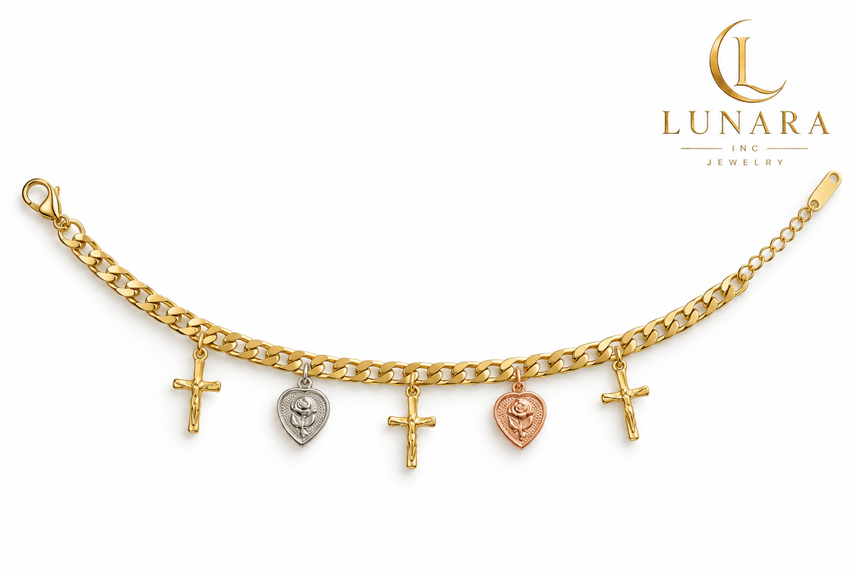 14K Gold-Color Cross Bracelet with Silver and Rose Gold Floral Heart Charms