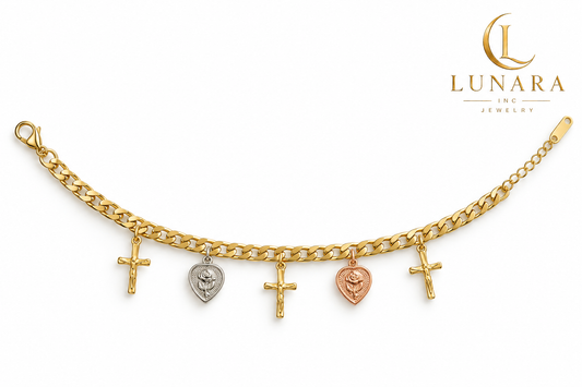 14K Gold-Color Cross Bracelet with Silver and Rose Gold Floral Heart Charms