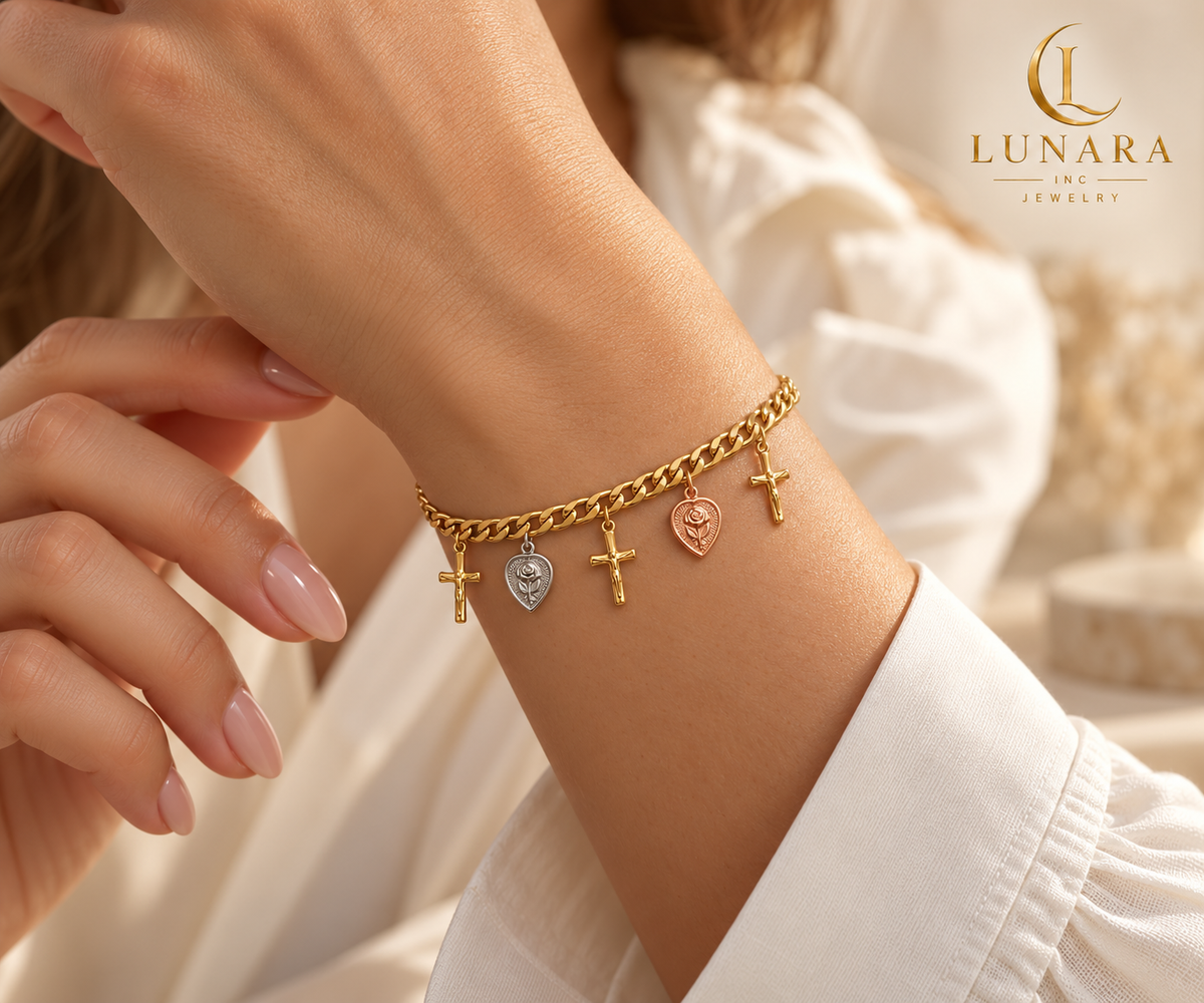 14K Gold-Color Cross Bracelet with Silver and Rose Gold Floral Heart Charms