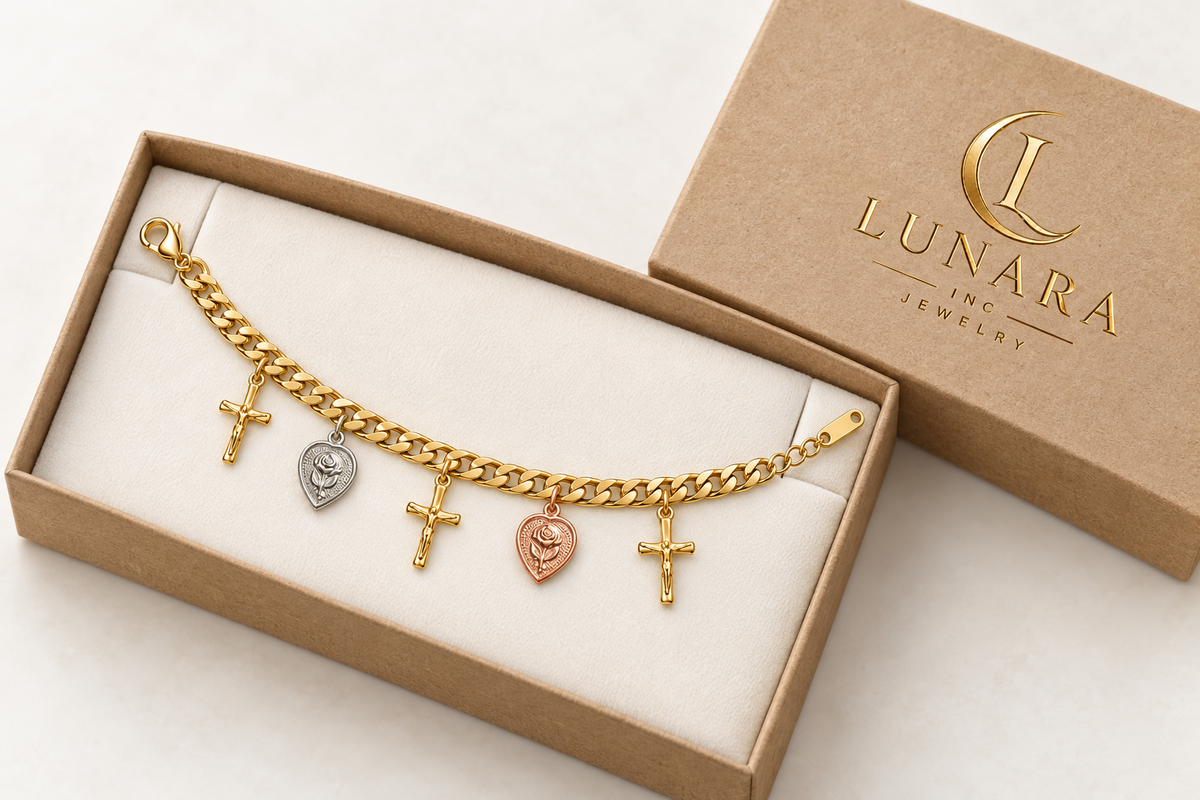 14K Gold-Color Cross Bracelet with Silver and Rose Gold Floral Heart Charms