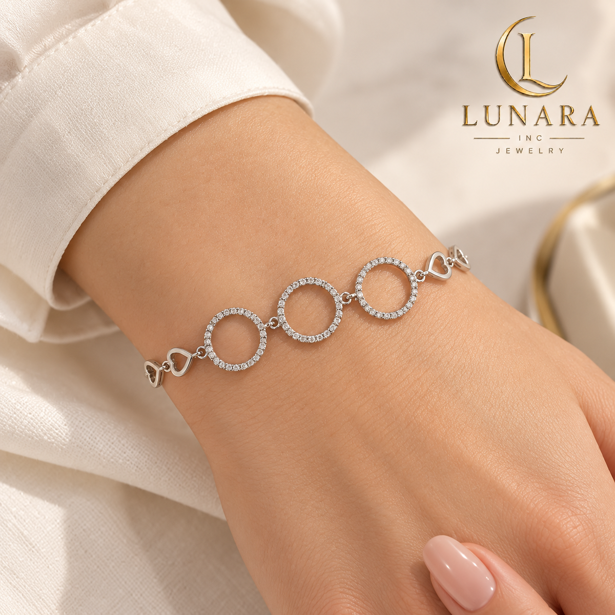 Silver-Tone Three-Circle and Heart Link Bracelet