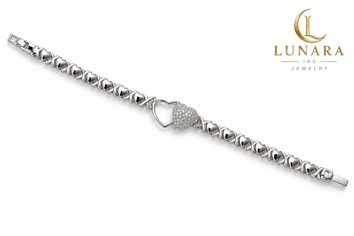 Silver-Tone Heart Link Bracelet with Sparkling Center