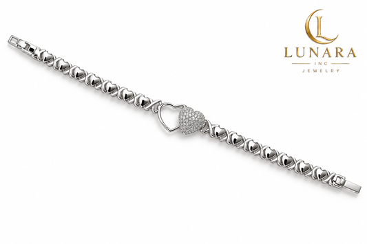 Silver-Tone Heart Link Bracelet with Sparkling Center