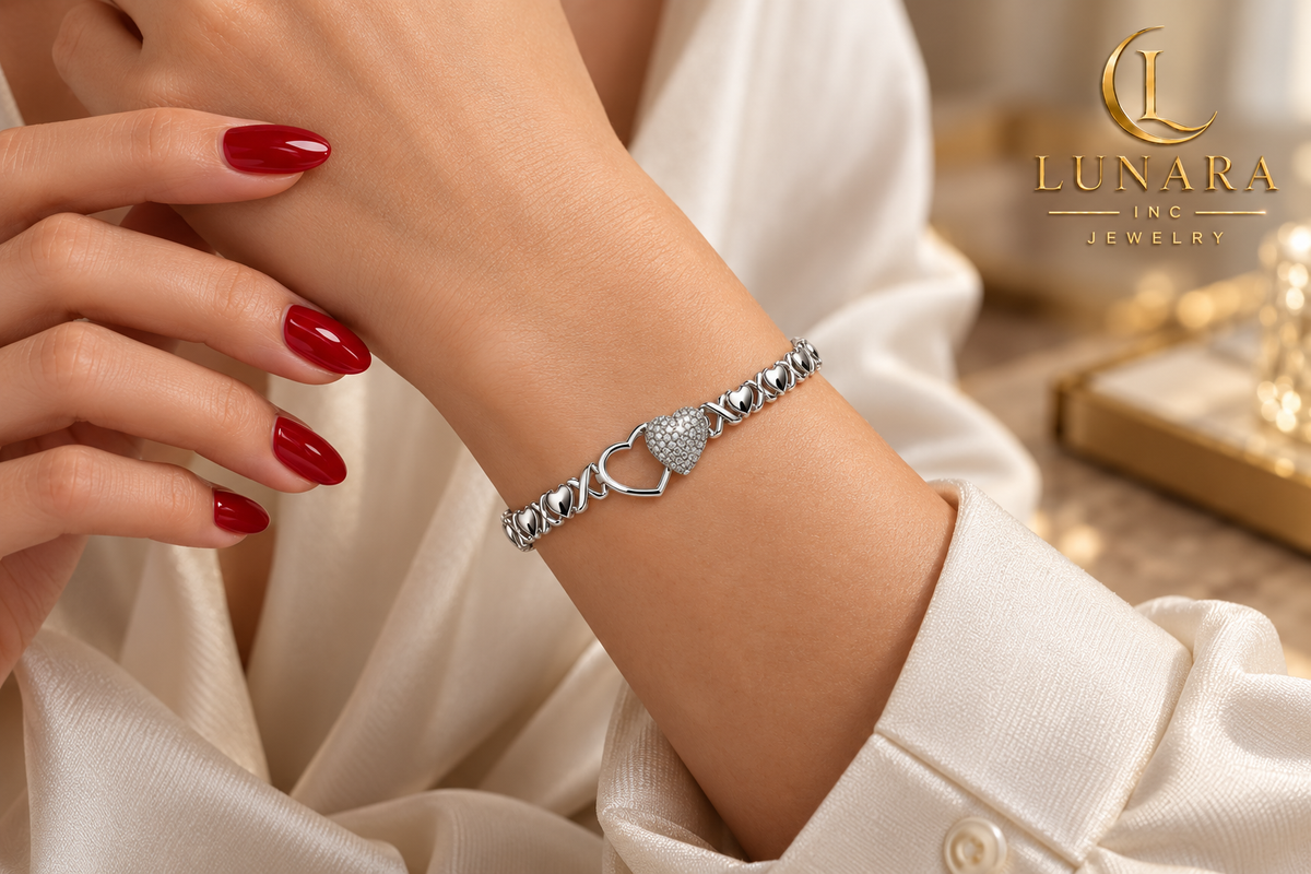 Silver-Tone Heart Link Bracelet with Sparkling Center