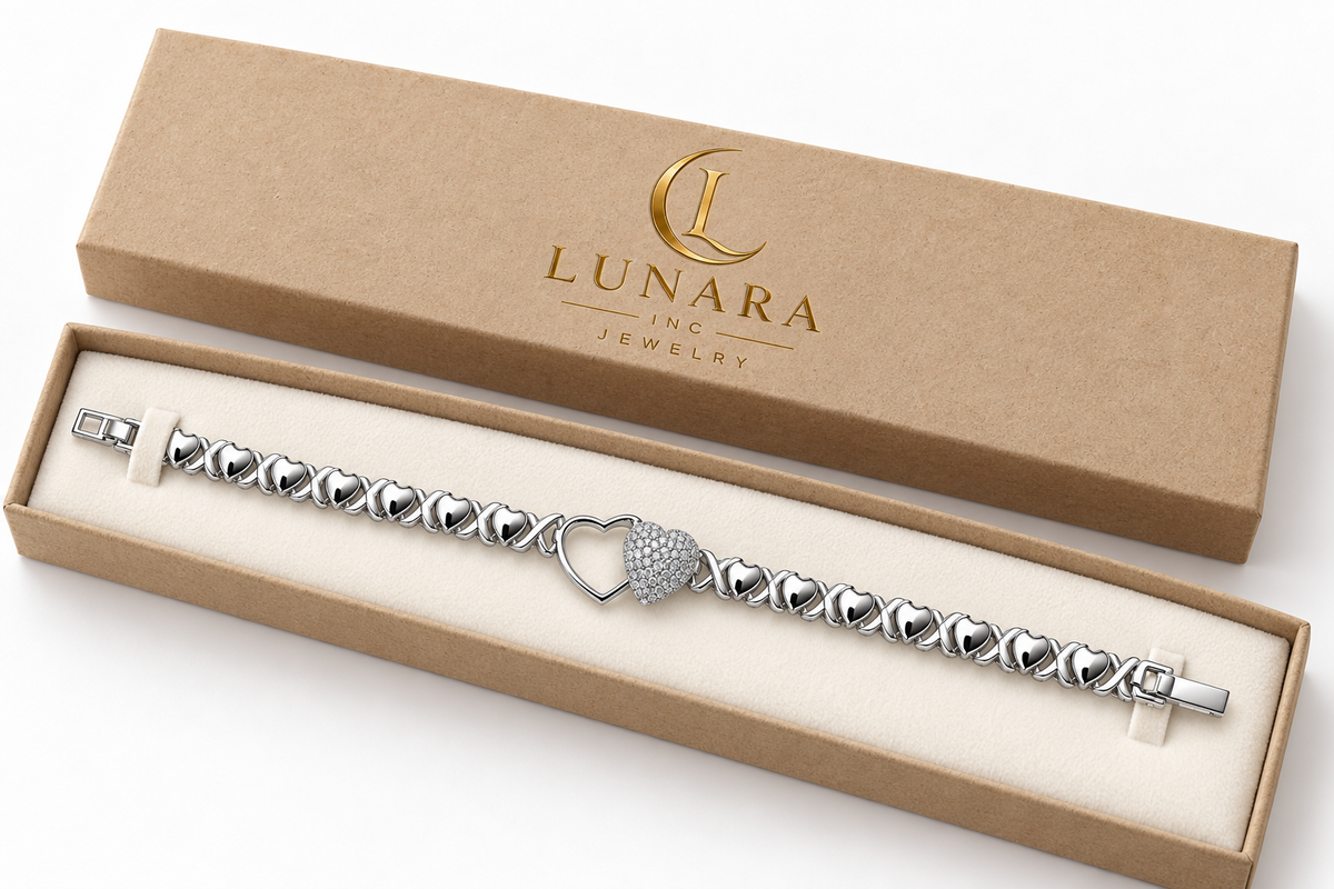 Silver-Tone Heart Link Bracelet with Sparkling Center
