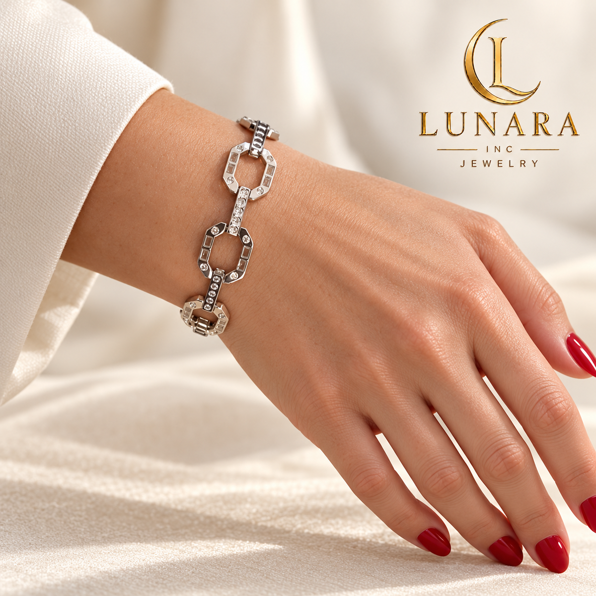 Silver-Tone Geometric Link Bracelet with Cubic Zirconia