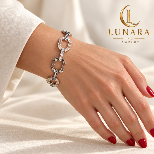 Silver-Tone Geometric Link Bracelet with Cubic Zirconia