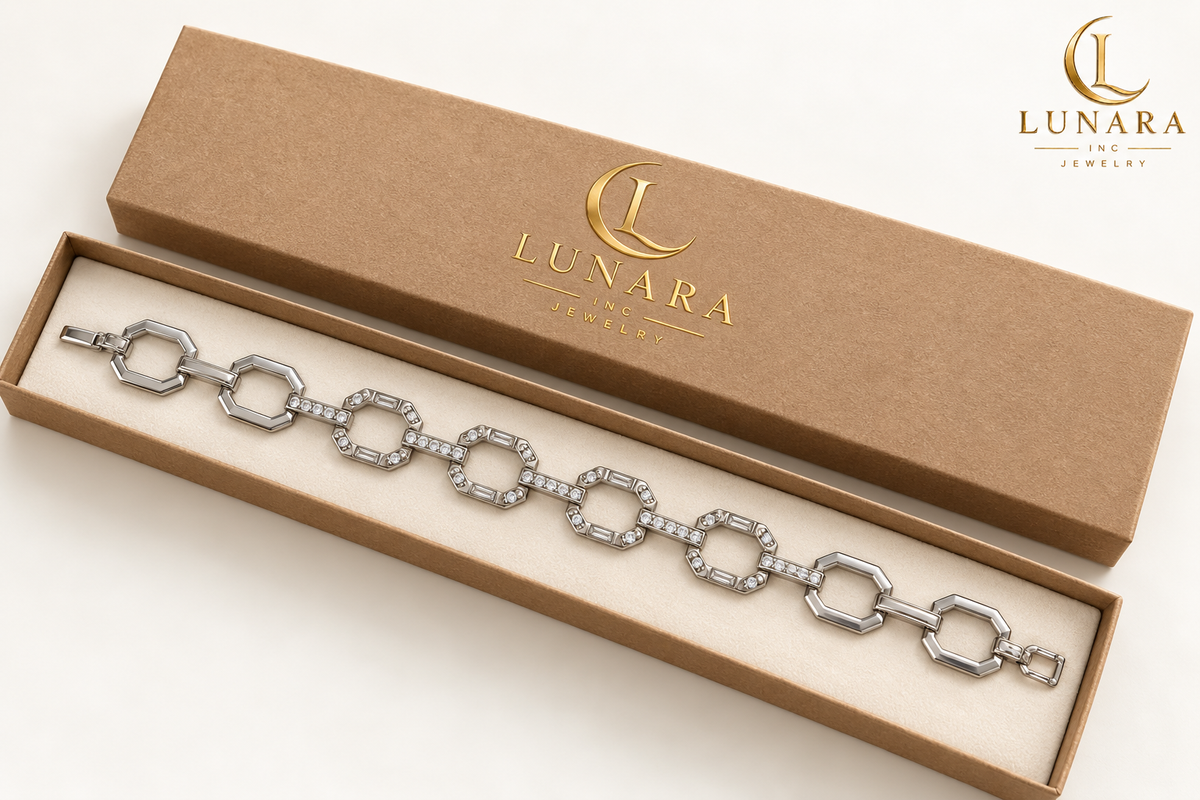 Silver-Tone Geometric Link Bracelet with Cubic Zirconia