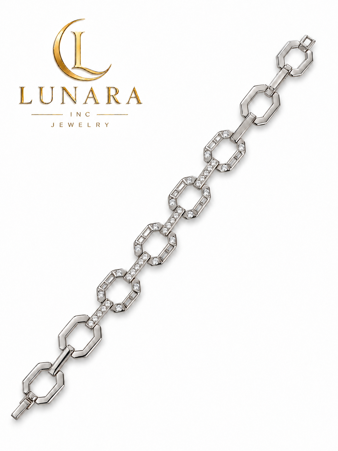 Silver-Tone Geometric Link Bracelet with Cubic Zirconia