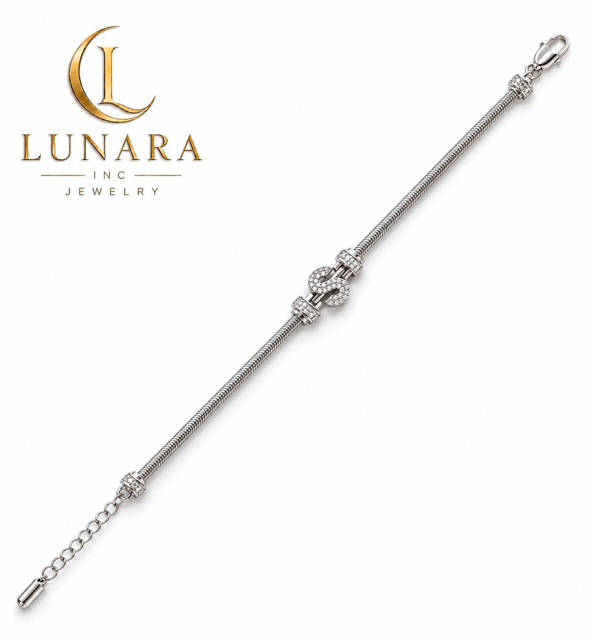 Silver-Tone S Initial Snake Chain Bracelet with Cubic Zirconia