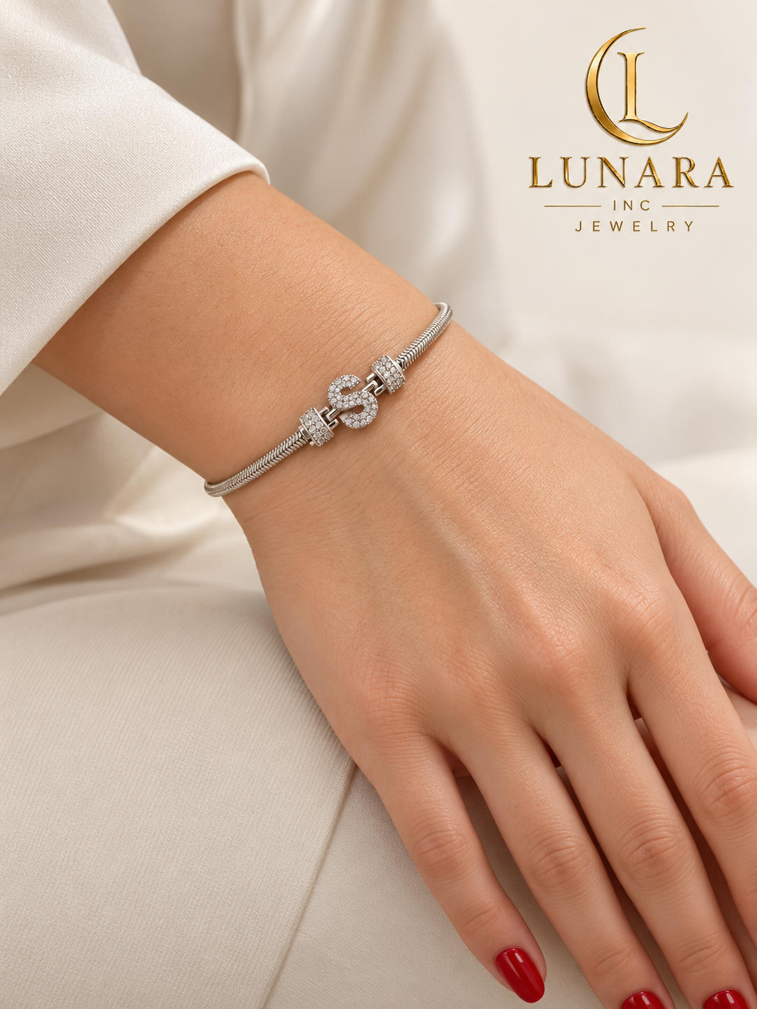 Silver-Tone S Initial Snake Chain Bracelet with Cubic Zirconia