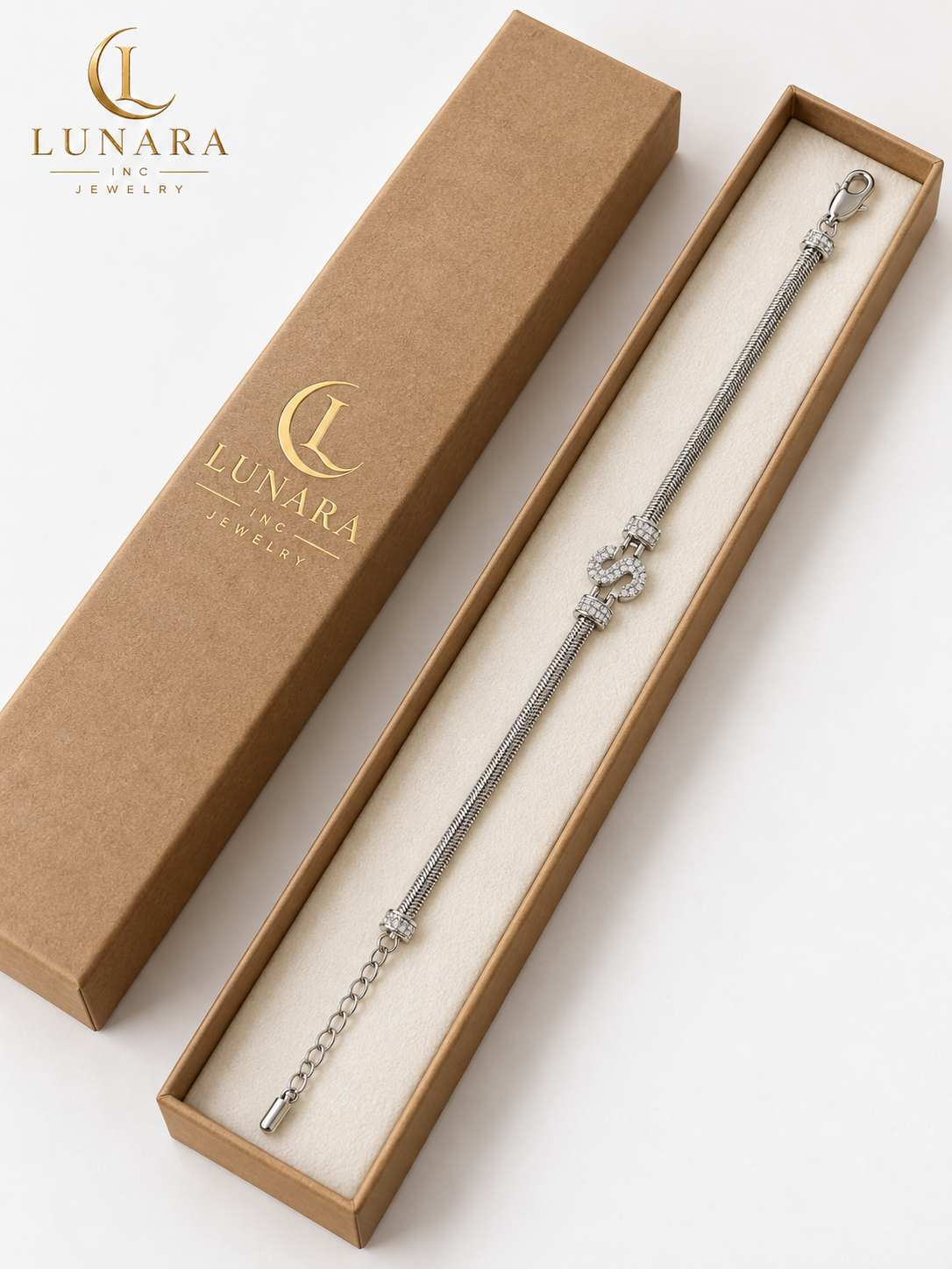 Silver-Tone S Initial Snake Chain Bracelet with Cubic Zirconia