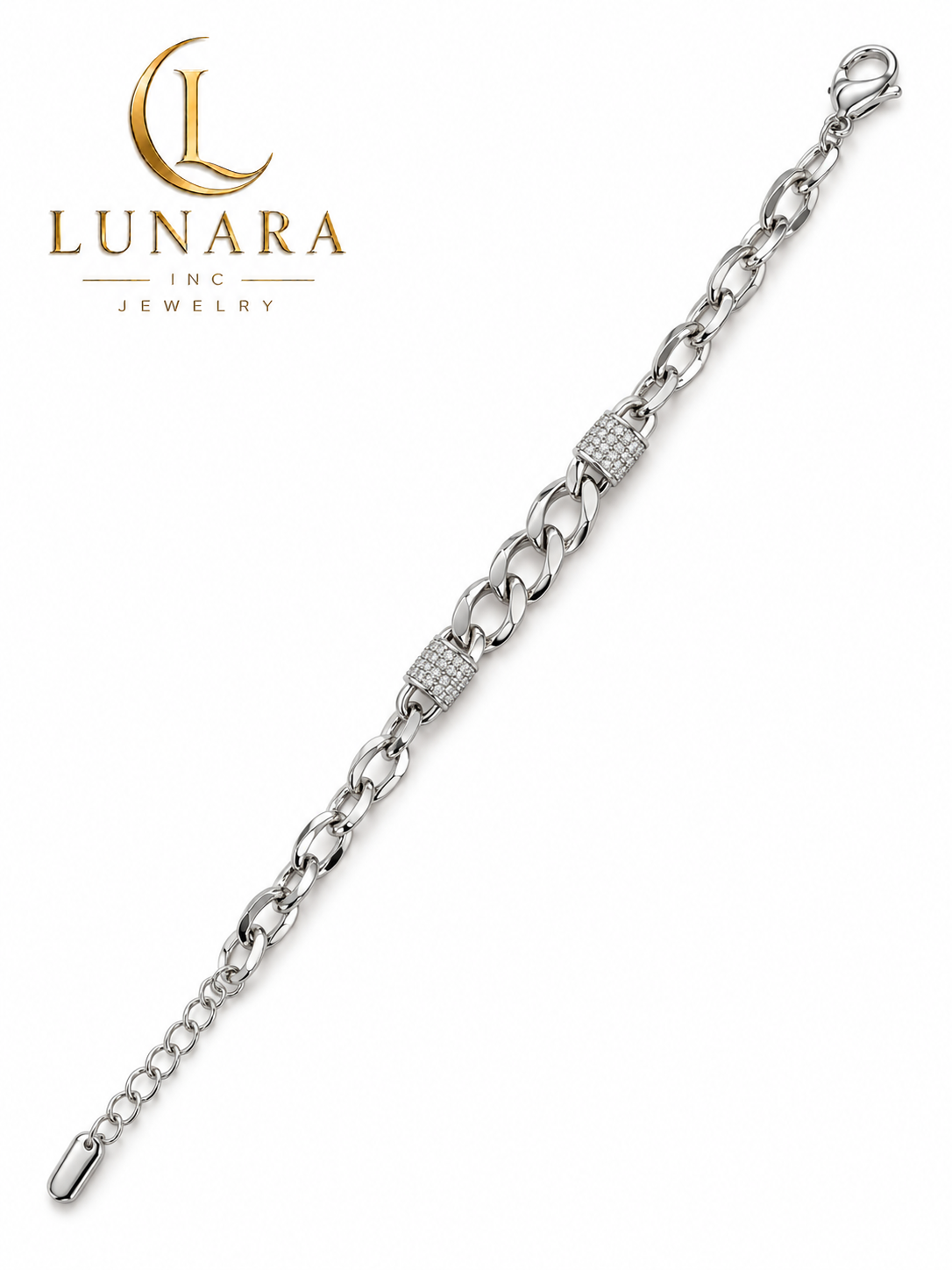 Silver-Tone Link Bracelet with Two Cubic Zirconia Barrel Accents
