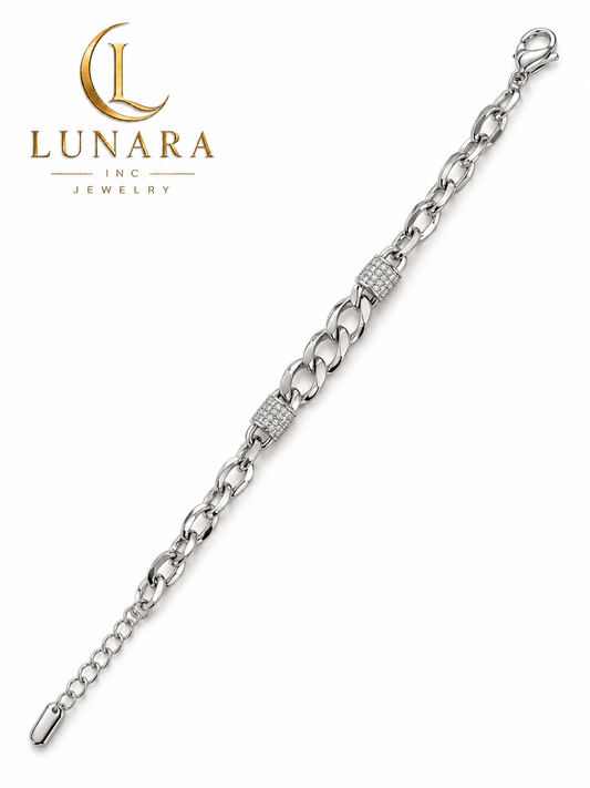 Silver-Tone Link Bracelet with Two Cubic Zirconia Barrel Accents