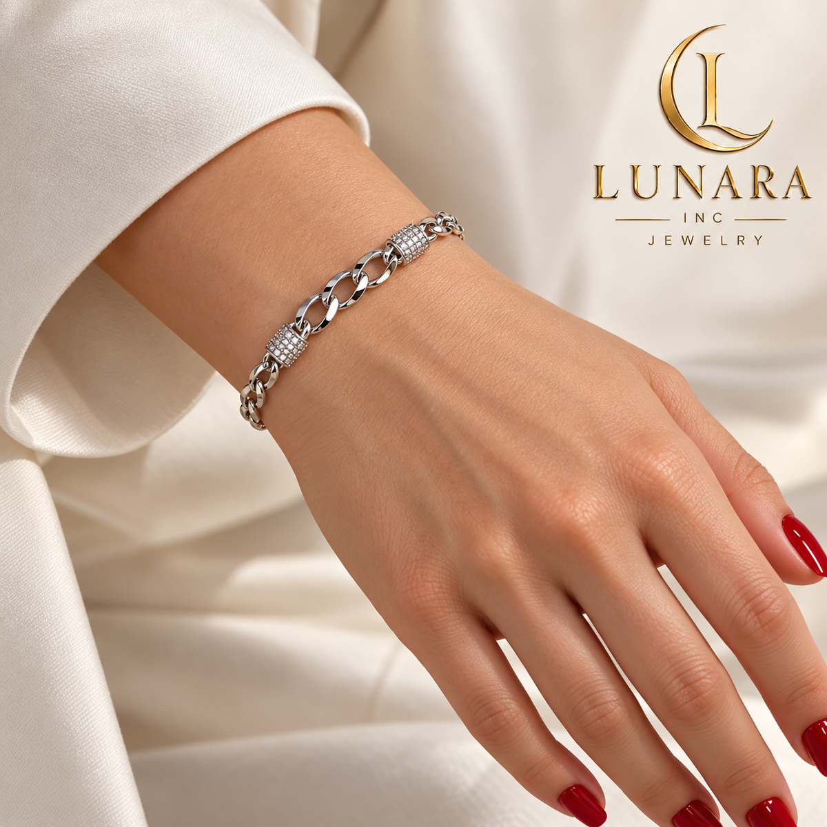 Silver-Tone Link Bracelet with Two Cubic Zirconia Barrel Accents