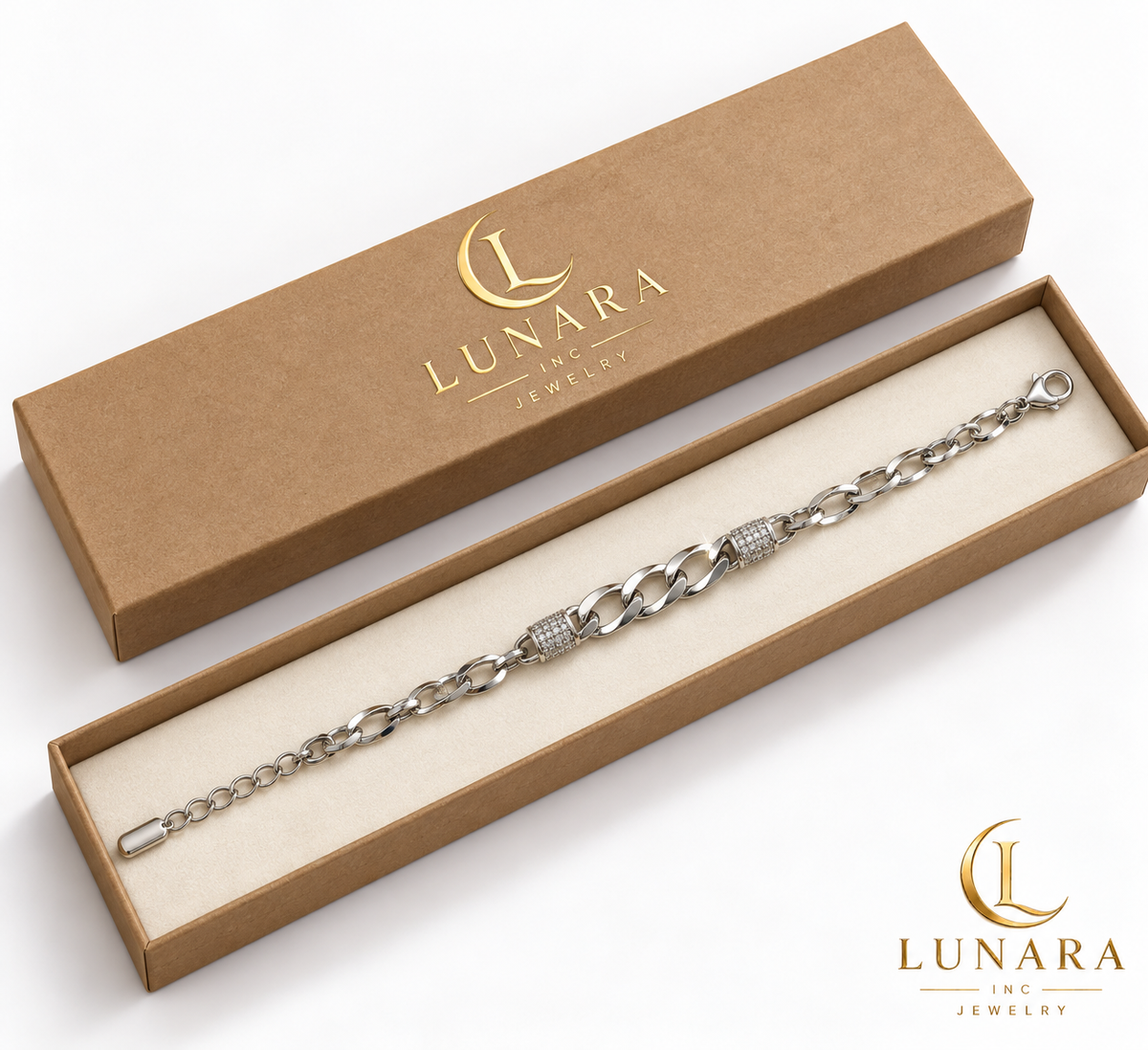 Silver-Tone Link Bracelet with Two Cubic Zirconia Barrel Accents