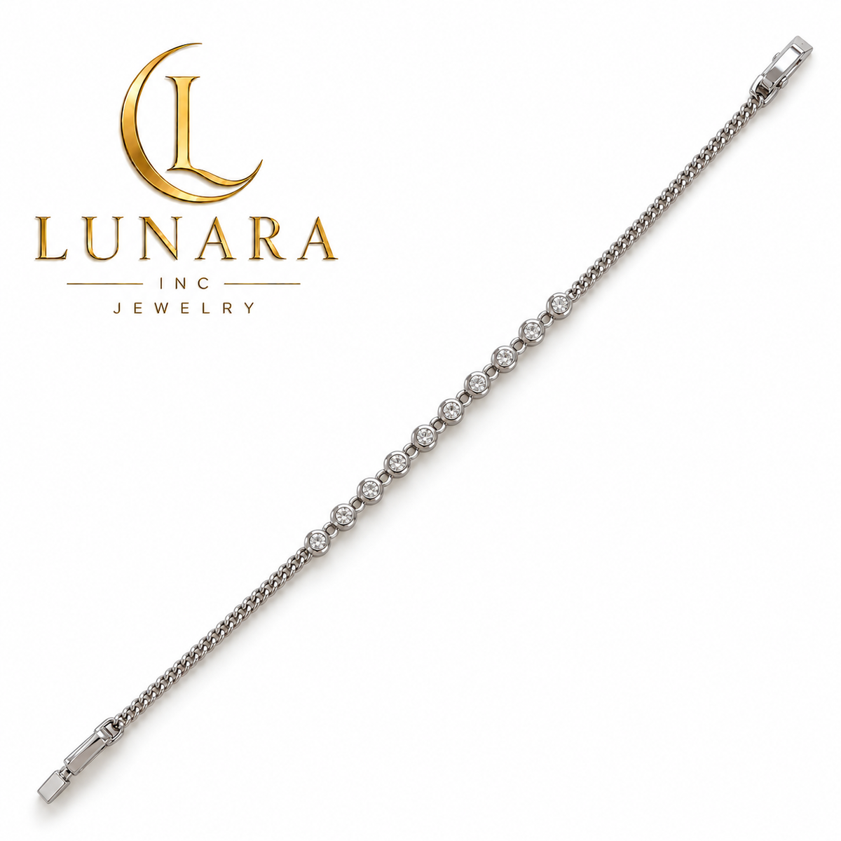 Silver-Tone Cuban Chain Bracelet with Round Sparkling Stones
