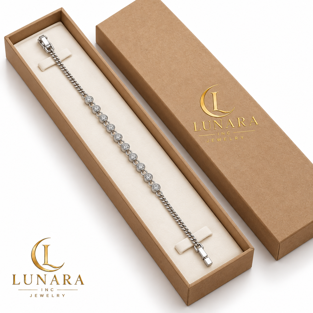 Silver-Tone Cuban Chain Bracelet with Round Sparkling Stones