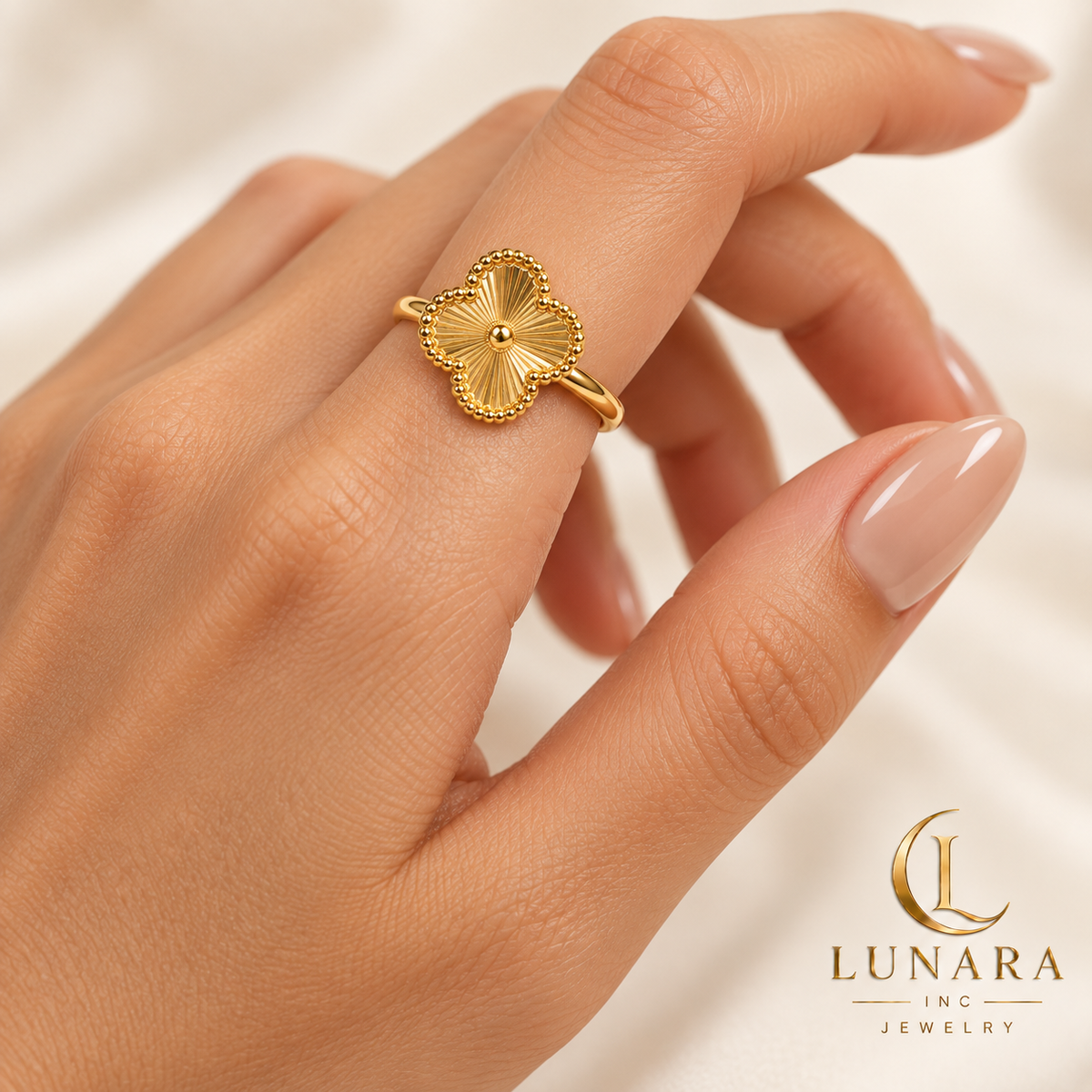 Golden Sunburst Clover Adjustable Ring