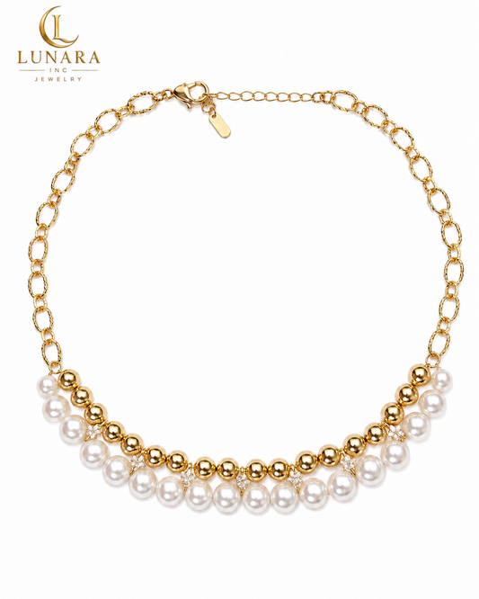 Elegant Gold & Pearl Statement Necklace with Crystal Accents