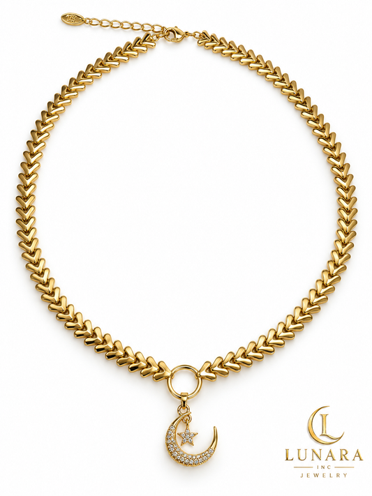 Celestial Moon & Star Chevron Necklace