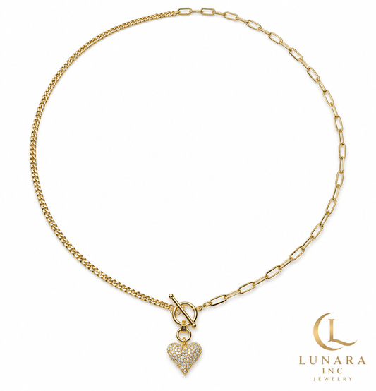 Pavé Heart Cuban & Paperclip Toggle Necklace