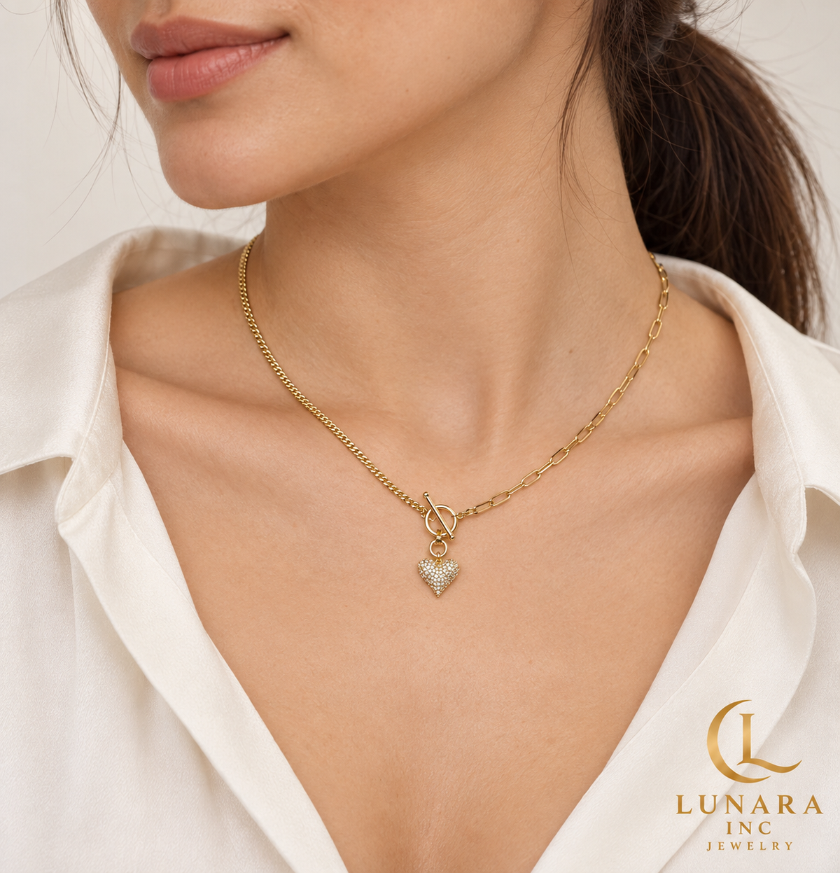 Pavé Heart Cuban & Paperclip Toggle Necklace