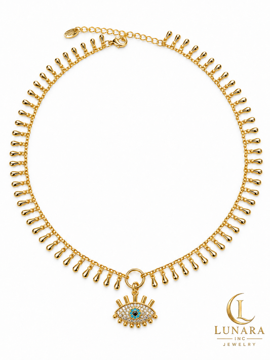 Blue Eye Pendant & Teardrop Fringe Necklace